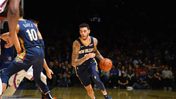 PHILADELPHIA, PA - DECEMBER 13: Lonzo Ball #2 of the New Orleans Pelicans handles the ball against the Philadelphia 76ers on December 13, 2019 at the Wells Fargo Center in Philadelphia, Pennsylvania NOTE TO USER: User expressly acknowledges and agrees that, by downloading and/or using this Photograph, user is consenting to the terms and conditions of the Getty Images License Agreement. Mandatory Copyright Notice: Copyright 2019 NBAE (Photo by Jesse D. Garrabrant/NBAE via Getty Images)