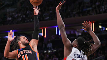 Nov 11, 2022; New York, New York, USA; New York Knicks guard Jalen Brunson (11) shoots the ball as Detroit Pistons center Isaiah Stewart (28) defends Credit: Vincent Carchietta-USA TODAY Sports