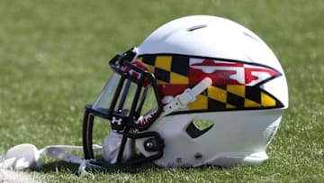 Sep 27, 2014; Bloomington, IN, USA; General view of the Maryland Terrapins helmet before the game against the Indiana Hoosiers at Memorial Stadium. Mandatory Credit: Pat Lovell-USA TODAY Sports