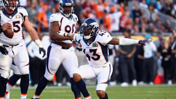 SANTA CLARA, CA - FEBRUARY 07: T.J. Ward #43 of the Denver Broncos celebrates against the Carolina Panthers during Super Bowl 50 at Levi's Stadium on February 7, 2016 in Santa Clara, California. (Photo by Ronald Martinez/Getty Images)