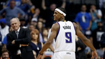 Mar 3, 2016; Dallas, TX, USA; Sacramento Kings guard Rajon Rondo (9) reacts to taunts by the Dallas Mavericks fans during the fourth quarter at American Airlines Center. Mandatory Credit: Kevin Jairaj-USA TODAY Sports
