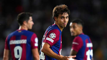 BARCELONA, SPAIN - SEPTEMBER 19: Joao Felix of Barcelona celebrates after scoring the team's fifth goal during the UEFA Champions League Group H match between FC Barcelona and Royal Antwerp at Estadi Olimpic Lluis Companys on September 19, 2023 in Barcelona, Spain. (Photo by Alex Caparros/Getty Images)