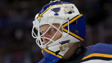 DENVER, COLORADO - MAY 25: Ville Husso #35 the St Louis Blues tends goal against the Colorado Avalanche in the second period during Game Five of the Second Round of the 2022 Stanley Cup Playoffs at at Ball Arena on May 25, 2022 in Denver, Colorado. (Photo by Matthew Stockman/Getty Images)