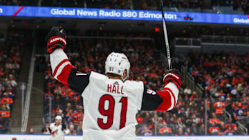 EDMONTON, AB - JANUARY 18: Arizona Coyotes Left Wing Taylor Hall (91) celebrates a goal in the second period during the Edmonton Oilers game versus the Arizona Coyotes on January 18, 2019 at Rogers Place in Edmonton, AB.(Photo by Curtis Comeau/Icon Sportswire via Getty Images)(Photo by Curtis Comeau/Icon Sportswire via Getty Images)