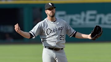 Jun 18, 2016; Cleveland, OH, USA; Chicago White Sox starting pitcher James Shields (25) reacts after giving up a three-run home run to Cleveland Indians designated hitter Mike Napoli (not pictured) during the first inning at Progressive Field. Mandatory Credit: Ken Blaze-USA TODAY Sports