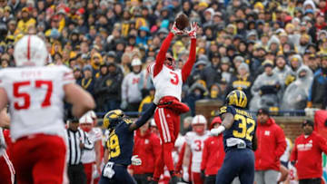 Nebraska wide receiver Trey Palmer tries to make a catch
