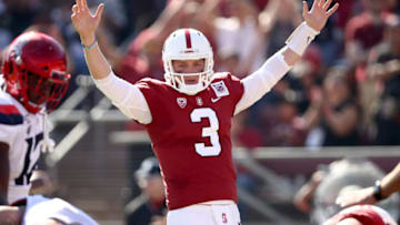 PALO ALTO, CALIFORNIA - OCTOBER 26: K.J. Costello #3 of the Stanford Cardinal reacts after the Cardinal scored a touchdown in the second quarter against the Arizona Wildcats at Stanford Stadium on October 26, 2019 in Palo Alto, California. (Photo by Ezra Shaw/Getty Images)