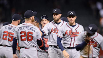 Aug 25, 2016; Phoenix, AZ, USA; Atlanta Braves celebrate after defeating the Arizona Diamondbacks at Chase Field. The Braves won 3-1. Mandatory Credit: Joe Camporeale-USA TODAY Sports