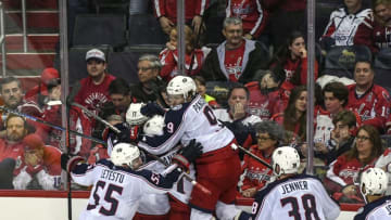 WASHINGTOON, DC - APRIL 15:The Columbus Blue Jackets celebrate after Columbus Blue Jackets left wing Matt Calvert (11) scored the game winner in overtime during the game between the Washington Capitals and the Columbus Blue Jackets in Game 2 of the First Round of the Stanley Cup Playoffs at the Capital One Arena on Sunday, April 15, 2018. The Columbus Blue Jackets defeated the Washington Capitals 5-4.(Photo by Toni L. Sandys/The Washington Post via Getty Images)