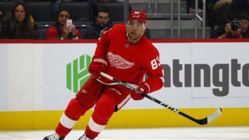DETROIT, MICHIGAN - OCTOBER 22: Trevor Daley #83 of the Detroit Red Wings skates against the Vancouver Canucks at Little Caesars Arena on October 22, 2019 in Detroit, Michigan. (Photo by Gregory Shamus/Getty Images)