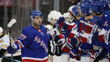 NEW YORK, NEW YORK - FEBRUARY 06: Tony DeAngelo #77 of the New York Rangers celebrates his shoot-out game winning goal against the Boston Bruins at Madison Square Garden on February 06, 2019 in New York City. The Rangers defeated the Bruins 4-3 in the shoot-out. (Photo by Bruce Bennett/Getty Images)