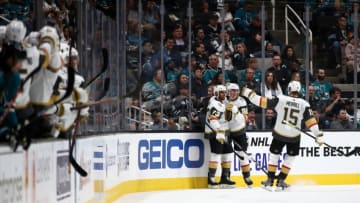 SAN JOSE, CALIFORNIA - OCTOBER 04: Tomas Nosek #92 of the Vegas Golden Knights is congratulated by Brandon Pirri #73 and Jon Merrill #15 after he scored in the second period against the San Jose Sharks at SAP Center on October 04, 2019 in San Jose, California. (Photo by Ezra Shaw/Getty Images)