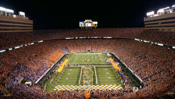 KNOXVILLE, TN - SEPTEMBER 18: A general view of the Tennessee Volunteers running onto the field during their game against the Florida Gators on September 18, 2004 at Neyland Stadium in Knoxville, Tennessee. A new attendance record was set. (Photo by Streeter Lecka/Getty Images)