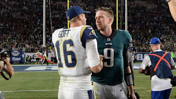 LOS ANGELES, CA - DECEMBER 10: Jared Goff #16 of the Los Angeles Rams and Nick Foles #9 of the Philadelphia Eagles shake hands after their game at the Los Angeles Memorial Coliseum on December 10, 2017 in Los Angeles, California. (Photo by Kevork Djansezian/Getty Images)