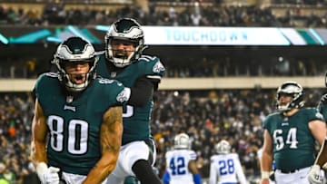 Jan 8, 2022; Philadelphia, Pennsylvania, USA; Philadelphia Eagles tight end Tyree Jackson (80) celebrates with quarterback Gardner Minshew (10) after catching a pass for a touchdown against the Dallas Cowboys at Lincoln Financial Field. Mandatory Credit: Tommy Gilligan-USA TODAY Sports