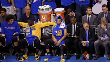 May 22, 2016; Oklahoma City, OK, USA; Golden State Warriors bench reacts during the second quarter against the Oklahoma City Thunder in game three of the Western conference finals of the NBA Playoffs at Chesapeake Energy Arena. Mandatory Credit: Mark D. Smith-USA TODAY Sports
