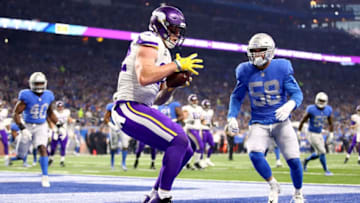 DETROIT, MI - NOVEMBER 23: Kyle Rudolph #82 of the Minnesota Vikings makes a catch in the end zone against the Detroit Lions during the first quarter at Ford Field on November 23, 2017 in Detroit, Michigan. (Photo by Gregory Shamus/Getty Images)