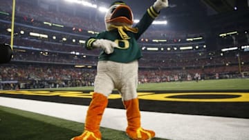 Jan 12, 2015; Arlington, TX, USA; Oregon Ducks mascot during the game against the Ohio State Buckeyes in the 2015 CFP National Championship Game at AT&T Stadium. Ohio State won 42-20. Mandatory Credit: Kevin Jairaj-USA TODAY Sports