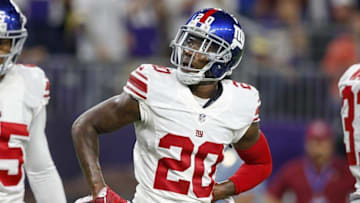 Oct 3, 2016; Minneapolis, MN, USA; New York Giants cornerback Janoris Jenkins (20) looks on in disbelief after getting called for pass interference in the first quarter of the game with the Minnesota Vikings at U.S. Bank Stadium. Mandatory Credit: Bruce Kluckhohn-USA TODAY Sports