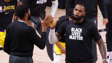 LeBron James, #23, Los Angeles Lakers, Anthony Davis, #3, Los Angeles Lakers, (Photo by Kevin C. Cox/Getty Images)
