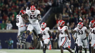 Georgia football players celebrate during the Notre Dame game. (Photo by Joe Robbins/Getty Images)