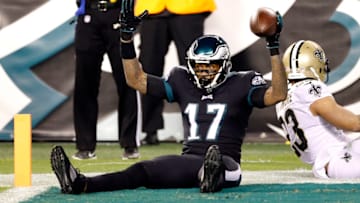 PHILADELPHIA, PENNSYLVANIA - DECEMBER 13: Wide receiver Alshon Jeffery #17 of the Philadelphia Eagles celebrates after catching a touchdown pass in front of cornerback Marshon Lattimore #23 of the New Orleans Saints in the second quarter at Lincoln Financial Field on December 13, 2020 in Philadelphia, Pennsylvania. (Photo by Tim Nwachukwu/Getty Images)
