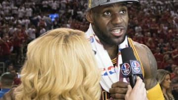 May 27, 2016; Toronto, Ontario, CAN; Cleveland Cavaliers forward LeBron James (23) talks to the media at the end of game six of the Eastern conference finals of the NBA Playoffs against the Toronto Raptors at Air Canada Centre. The Cleveland Cavaliers won 113-87. Mandatory Credit: Nick Turchiaro-USA TODAY Sports
