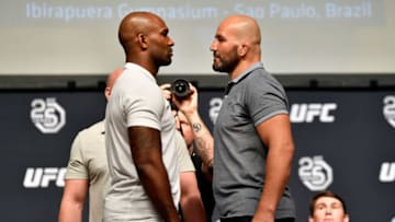 LOS ANGELES, CA - AUGUST 03: (L-R) Opponents Jimi Manuwa and Glover Teixeira face off during the UFC press conference inside the Orpheum Theater on August 3, 2018 in Los Angeles, California. (Photo by Jeff Bottari/Zuffa LLC/Zuffa LLC via Getty Images)