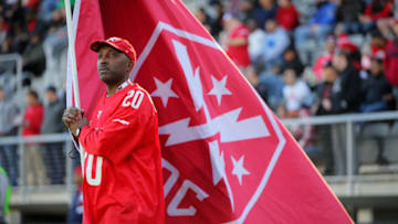 WASHINGTON, DC - MARCH 8: A flag runner looks on during the XFL game between the St. Louis BattleHawks and the DC Defenders at Audi Field on March 8, 2020 in Washington, DC. (Photo by Shawn Hubbard/XFL via Getty Images)