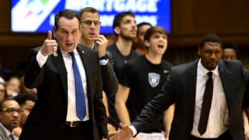 DURHAM, NC - DECEMBER 05: Head coach Mike Krzyzewski (L) of the Duke Blue Devils directs his team against the Hartford Hawks in the second half at Cameron Indoor Stadium on December 5, 2018 in Durham, North Carolina. (Photo by Lance King/Getty Images)