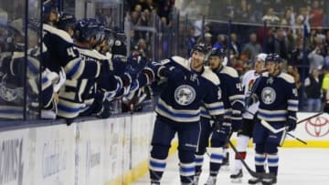 Oct 28, 2014; Columbus, OH, USA; Columbus Blue Jackets defenseman David Savard (58) celebrates a goal against the Ottawa Senators during the first period at Nationwide Arena. Mandatory Credit: Russell LaBounty-USA TODAY Sports