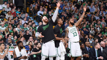 BOSTON, MA - FEBRUARY 28: The Boston Celtics celebrate during the game against the Charlotte Hornets on February 28, 2018 at the TD Garden in Boston, Massachusetts. NOTE TO USER: User expressly acknowledges and agrees that, by downloading and/or using this photograph, user is consenting to the terms and conditions of the Getty Images License Agreement. Mandatory Copyright Notice: Copyright 2018 NBAE (Photo by Brian Babineau/NBAE via Getty Images)