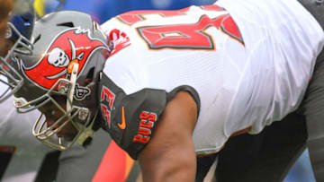 EAST RUTHERFORD, NJ - NOVEMBER 18, 2018: Defensive tackle Gerald McCoy #93 of the Tampa Bay Buccaneers awaits the snap in the first quarter of a game against the New York Giants on November 18, 2018 at MetLife Stadium in East Rutherford, New Jersey. New York won 38-35. (Photo by: 2018 Nick Cammett/Diamond Images/Getty Images)