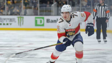 BOSTON, MA - NOVEMBER 12: Frank Vatrano #77 of the Florida Panthers skates against the Boston Bruins at the TD Garden on November 12, 2019 in Boston, Massachusetts. (Photo by Steve Babineau/NHLI via Getty Images)