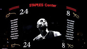 Kobe Bryant and others remembered on the jumbotron inside Staples Center (Photo by Kevork Djansezian/Getty Images)