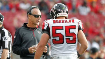 Nov 9, 2014; Tampa, FL, USA; Atlanta Falcons defensive coordinator Mike Nolan talk with inside linebacker Paul Worrilow (55) against the Tampa Bay Buccaneers during the second half at Raymond James Stadium. Atlanta Falcons defeated the Tampa Bay Buccaneers 27-17. Mandatory Credit: Kim Klement-USA TODAY Sports