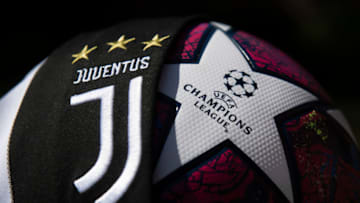 MANCHESTER, ENGLAND - MAY 06: The Juventus club crest on the first team home shirt displayed with the official Adidas UEFA Champions League match ball on May 6, 2020 in Manchester, England (Photo by Visionhaus)