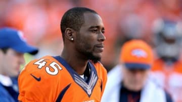 Jan 19, 2014; Denver, CO, USA; Denver Broncos cornerback Dominique Rodgers-Cromartie (45) against the New England Patriots during the 2013 AFC Championship football game at Sports Authority Field at Mile High. Mandatory Credit: Mark J. Rebilas-USA TODAY Sports