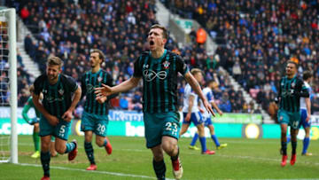 WIGAN, ENGLAND - MARCH 18: Pierre-Emile Hojbjerg of Southampton (23) celebrates as he scores their first goal during The Emirates FA Cup Quarter Final match between Wigan Athletic and Southampton at DW Stadium on March 18, 2018 in Wigan, England. (Photo by Alex Livesey/Getty Images)