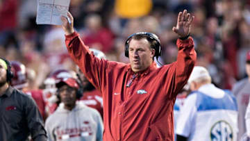 FAYETTEVILLE, AR - NOVEMBER 24: Head Coach Bret Bielema of the Arkansas Razorbacks signals to the officials during a game against the Missouri Tigers at Razorback Stadium on November 24, 2017 in Fayetteville, Arkansas. The Tigers defeated the Razorbacks 48-45. (Photo by Wesley Hitt/Getty Images)