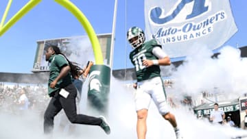 Sep 11, 2021; East Lansing, Michigan, USA; Michigan State Spartans quarterback Payton Thorne (10) takes the field before the game against the Youngstown State Penguins at Spartan Stadium. Mandatory Credit: Tim Fuller-USA TODAY Sports
