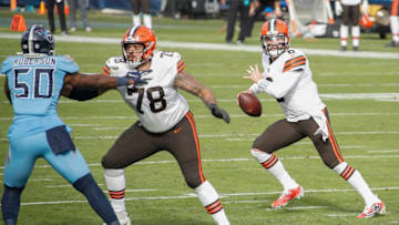 NASHVILLE, TENNESSEE - DECEMBER 06: Quarterback Baker Mayfield #6 of the Cleveland Browns plays against the Tennessee Titans at Nissan Stadium on December 06, 2020 in Nashville, Tennessee. (Photo by Frederick Breedon/Getty Images)