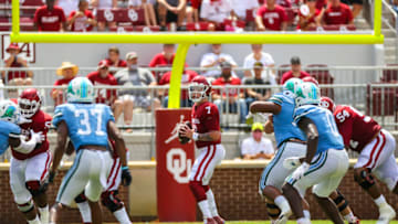 Sep 4, 2021; Norman, Oklahoma, USA; Oklahoma Sooners quarterback Spencer Rattler (7) throws during the game against the Tulane Green Wave at Gaylord Family-Oklahoma Memorial Stadium. Mandatory Credit: Kevin Jairaj-USA TODAY Sports