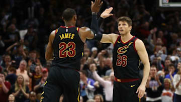 CLEVELAND, OH - APRIL 29: LeBron James #23 and Kyle Korver #26 of the Cleveland Cavaliers celebrate while playing the Indiana Pacers in Game Seven of the Eastern Conference Quarterfinals during the 2018 NBA Playoffs at Quicken Loans Arena on April 29, 2018 in Cleveland, Ohio. Cleveland won the game 105-101 to win there series. NOTE TO USER: User expressly acknowledges and agrees that, by downloading and or using this photograph, User is consenting to the terms and conditions of the Getty Images License Agreement. (Photo by Gregory Shamus/Getty Images)