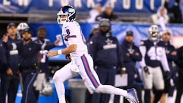 EAST RUTHERFORD, NEW JERSEY - NOVEMBER 04: Daniel Jones #8 of the New York Giants runs the ball during the third quarter of the game against the Dallas Cowboys at MetLife Stadium on November 04, 2019 in East Rutherford, New Jersey. (Photo by Sarah Stier/Getty Images)