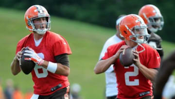 Jul 26, 2014; Berea, OH, USA; Cleveland Browns quarterback Brian Hoyer (6) and quarterback Johnny Manziel (2) practice during training camp at the Cleveland Browns training facility. Mandatory Credit: Ken Blaze-USA TODAY Sports