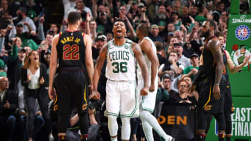 BOSTON, MA - MAY 27: Marcus Smart #36 of the Boston Celtics reacts during Game Seven of the Eastern Conference Finals of the 2018 NBA Playoffs between the Cleveland Cavaliers and Boston Celtics on May 27, 2018 at the TD Garden in Boston, Massachusetts. NOTE TO USER: User expressly acknowledges and agrees that, by downloading and or using this photograph, User is consenting to the terms and conditions of the Getty Images License Agreement. Mandatory Copyright Notice: Copyright 2018 NBAE (Photo by Brian Babineau/NBAE via Getty Images)