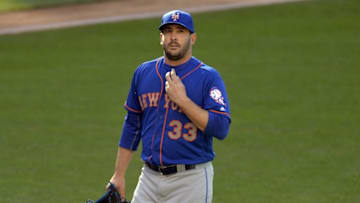Apr 16, 2016; Cleveland, OH, USA; New York Mets starting pitcher Matt Harvey (33) reacts after giving up two runs in the fifth inning against the Cleveland Indians at Progressive Field. Mandatory Credit: David Richard-USA TODAY Sports