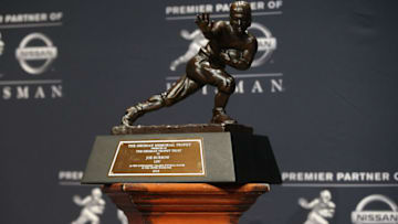 Dec 14, 2019; New York, NY, USA; Detail view of LSU Tigers quarterback Joe Burrow's Heisman Trophy during a post ceremony press conference at the New York Marriott Marquis. Mandatory Credit: Brad Penner-USA TODAY Sports
