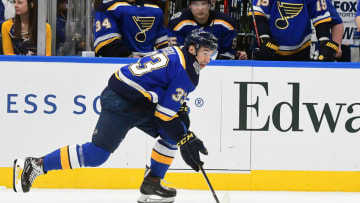 ST. LOUIS, MO. - DECEMBER 29: St. Louis Blues center Jordan Kyrou (33) skates after a loose puck during an NHL game between the Winnipeg Jets and the St. Louis Blues on December 29, 2019, at Enterprise Center, St. Louis, Mo. Photo by Keith Gillett/Icon Sportswire via Getty Images)